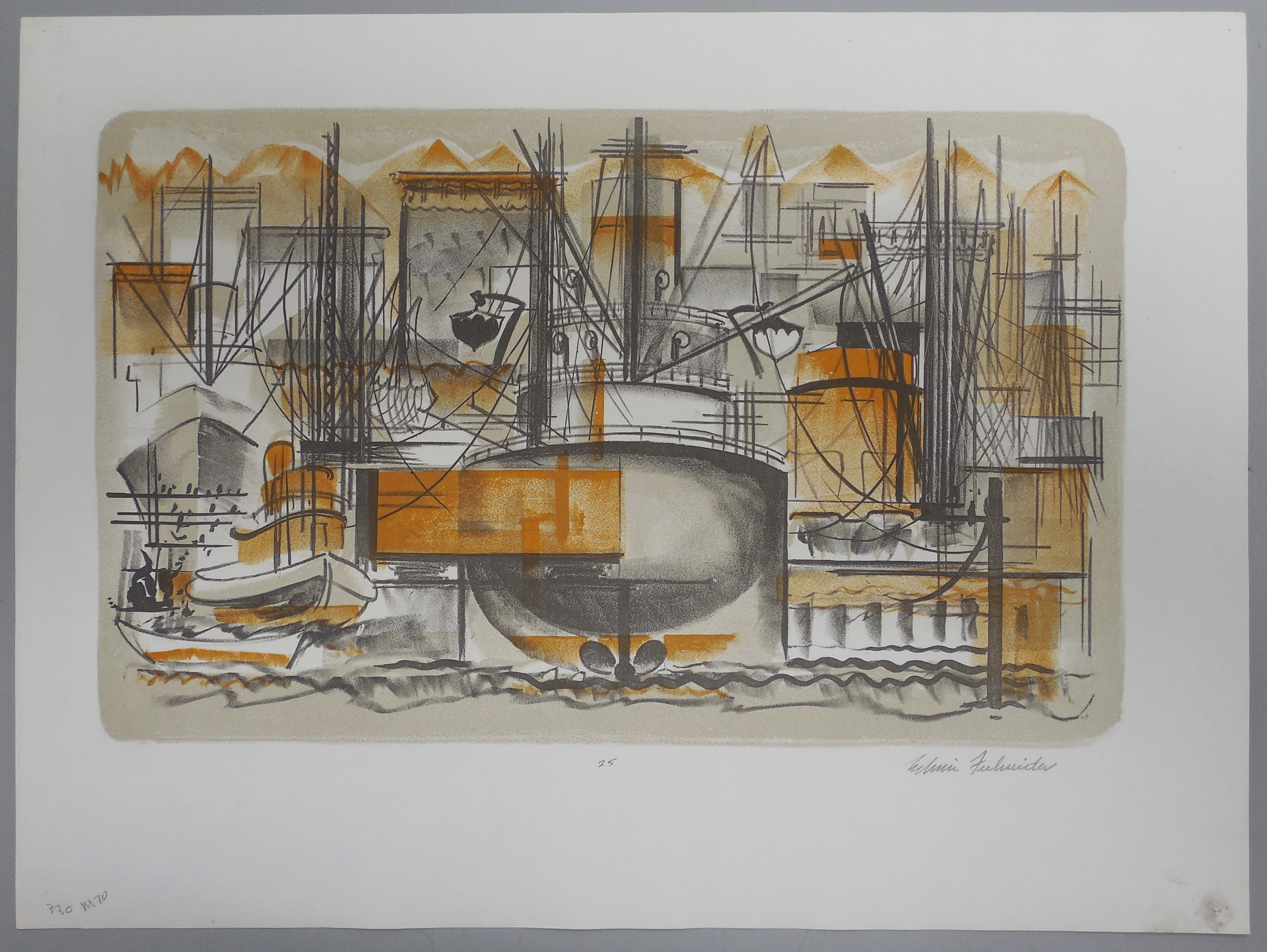 Color lithograph ship port