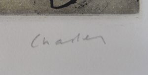 Signature LR in pencil color etching